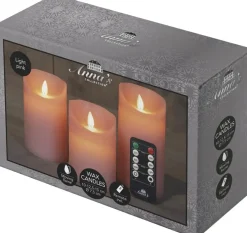 Anna's Collection LED kaars flame effect rustiek set 7.5 cm lichtroze 3 stuks