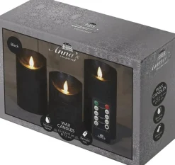 Anna's Collection LED kaars flame effect rustiek set 7.5 cm zwart 3 stuks