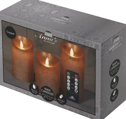 Anna's Collection LED kaars flame effect rustiek set 7.5 cm koper 3 stuks