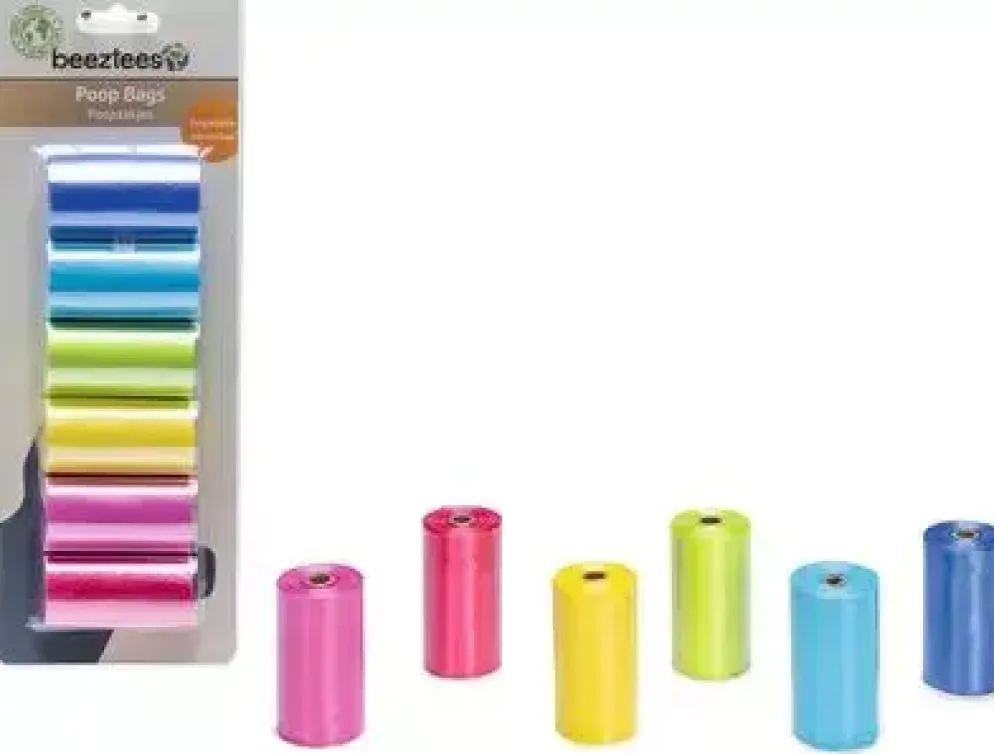 Beeztees poepzakjes navulling regenboog plastic 6x3x3cm multi kleur 12x20stuks