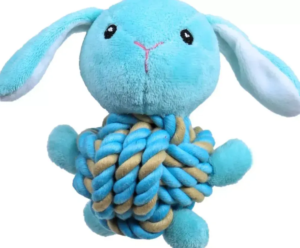 Boon hondenspeelgoed konijn pluche met touwbal buik en piep 15 cm