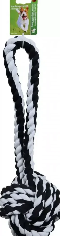 Boon hondenspeelgoed touwbal met lus XXL katoen zwart/wit, 50 cm.