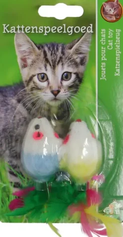 Boon kattenspeelgoed bontmuis+veren 4cm kaart a 2st