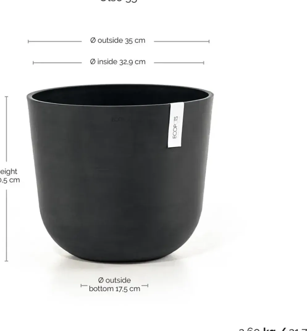 Ecopots kunststof bloempot oslo 35x30.5 cm donkergrijs