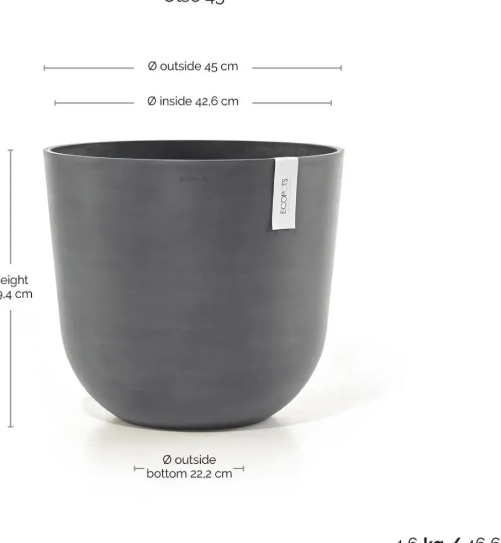 Ecopots kunststof bloempot oslo 35x30.5 cm grijs