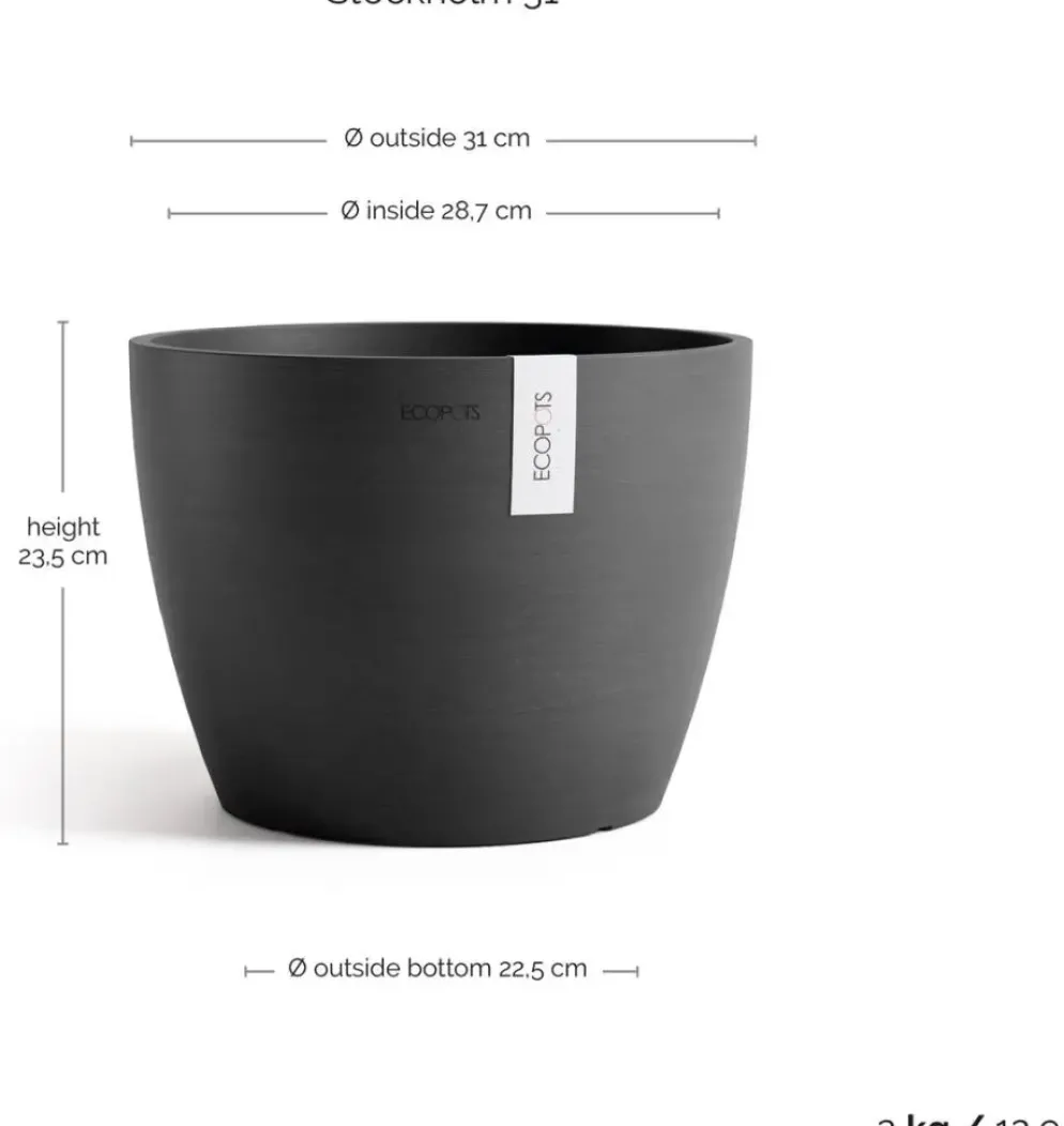 Ecopots kunststof bloempot stockholm 31x23.5 cm donkergrijs