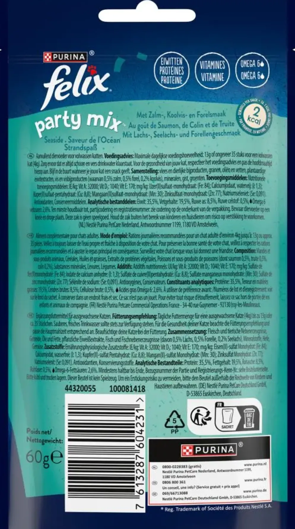 FELIX Party Mix Seaside met Zalm-, Koolvis- en Forelsmaak kattensnacks 60g