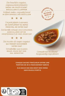 GOURMET SOUP ROYALE met Zalm gegarneerd met Rijst en Wortels, met Schol gegarneerd met Rijst en Tomaten, met Kabeljauw gegarneerd met Pasta Parels en Spinazie 6x45g Zakjes