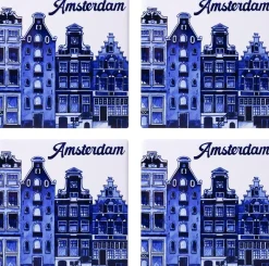 Heinen Delfts Blauw onderzetter keramiek amsterdam 10x10x0.5cm delfts blauw 4 stuks