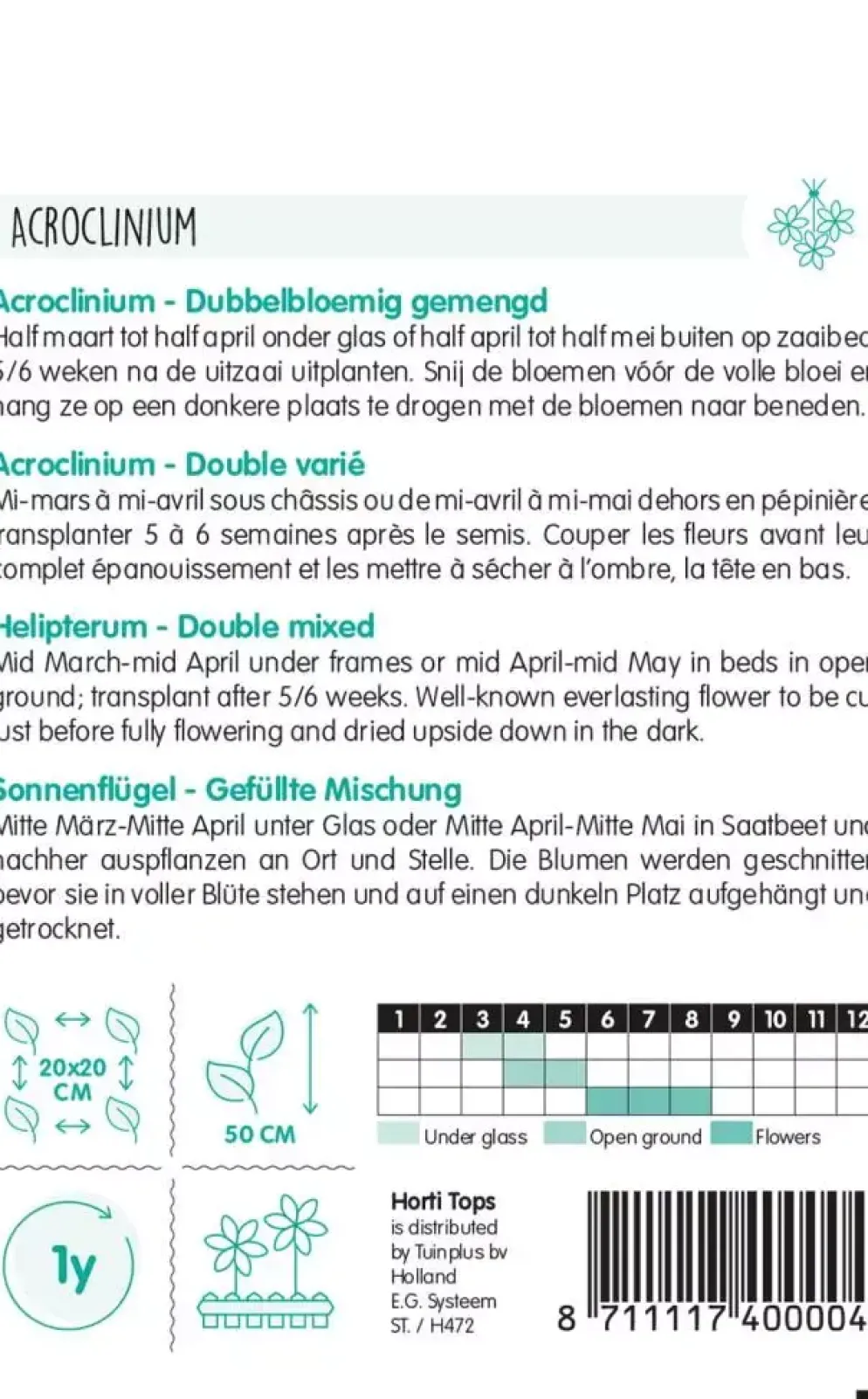 Horti tops zaden Acroclinium dubbelbloemig gemengd