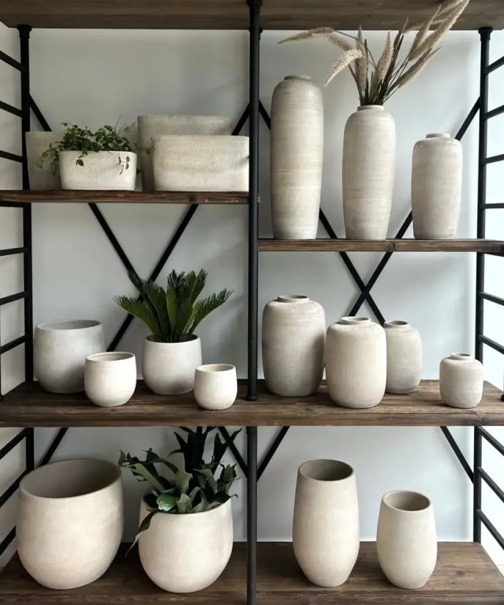 HS Potterie pot Miami ovaal keramiek/beton 14x37x30cm creme