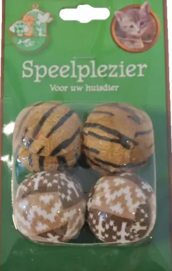 Kattenspeelgoed blister à 4 pluche rammelbal, bruin.