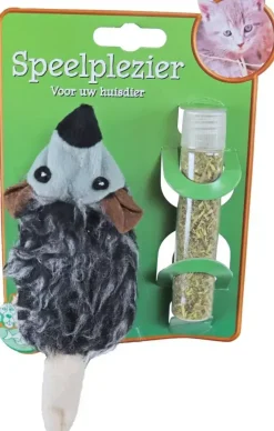 Kattenspeelgoed op kaart pluche rat met catnip vulbaar, 18 cm.