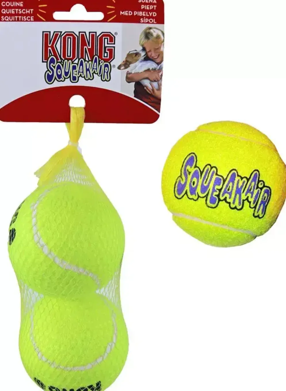 Kong hond Squeakair met piep large, net à 2 tennisballen (Ø 7,5 cm)
