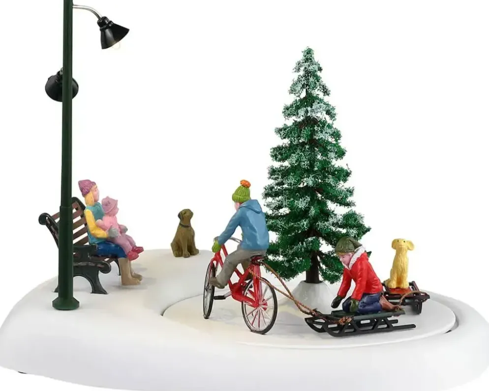 Lemax snowbiking with dad bewegend kerstdorp tafereel Vail Village 2023