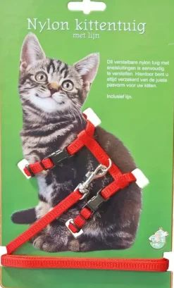 Nylon kittentuig met lijn, rood