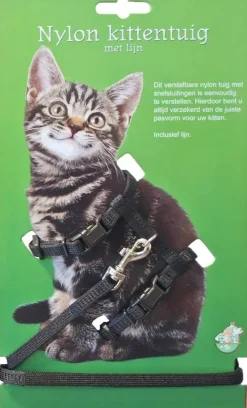 Nylon kittentuig met lijn, zwart