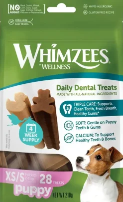 Onze Puppysnacks ondersteunen de orale gezondheid van uw puppy: ze zijn ontworpen om tandplak en tandsteen tegen te gaan. Verkrijgbaar in twee vormen waar uw puppy dol op zal zijn, en in twee maten.