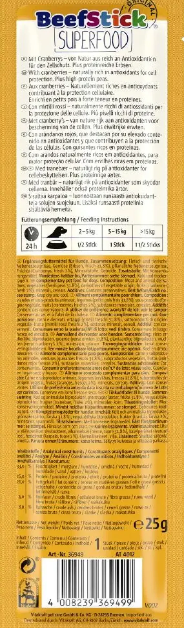 Vitakraft Beef Stick Original Superfood erwt & cranberry 25g
